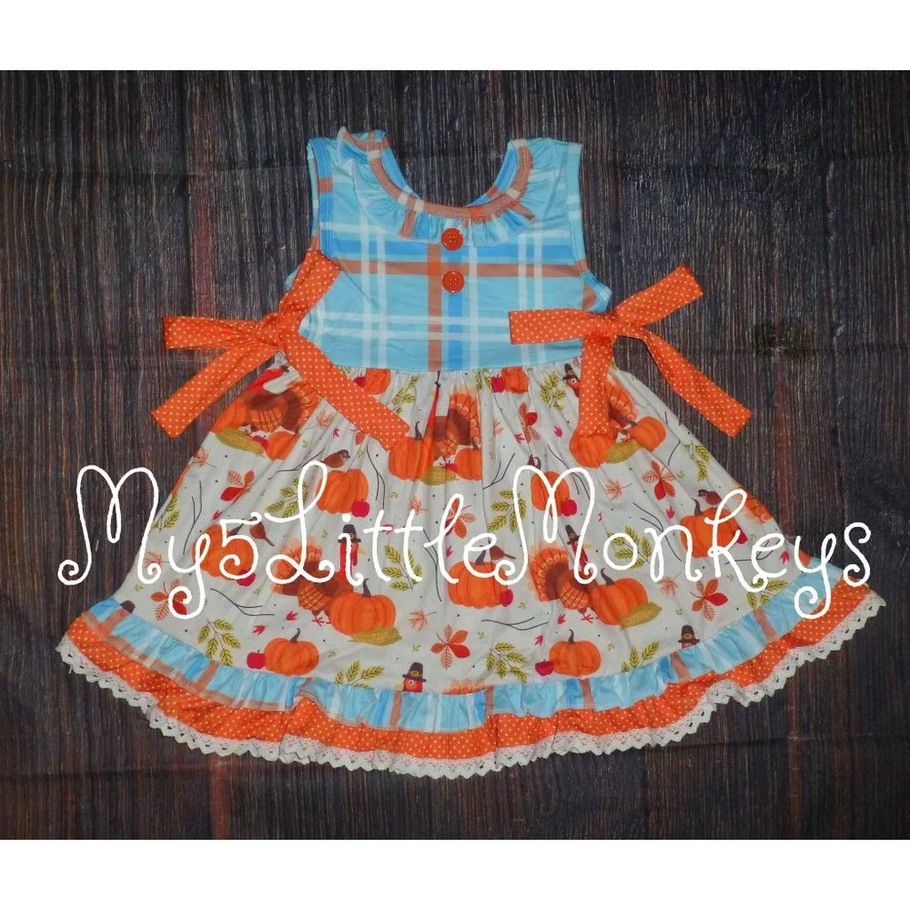 Boutique Thanksgiving Turkey Pumpkin Girls Ruffle Twirl Dress